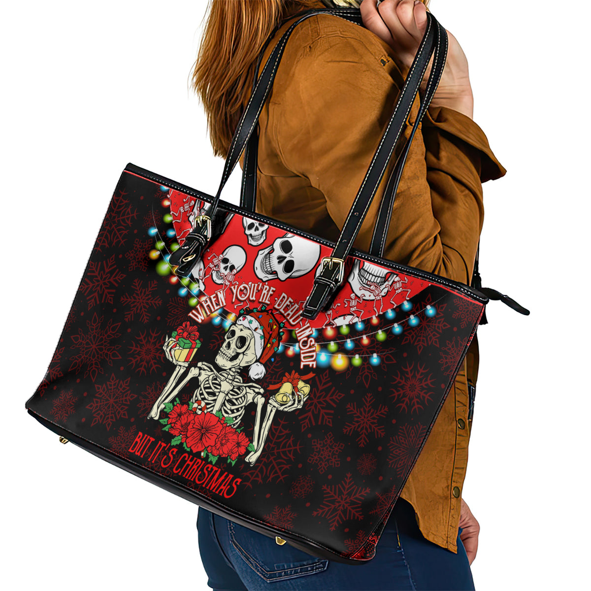 Skull Christmas Leather Tote Bag When You Are Dead Inside But It Is Christmas - Wonder Print Shop