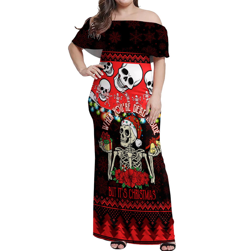 Skull Christmas Off Shoulder Maxi Dress When You Are Dead Inside But It Is Christmas - Wonder Print Shop