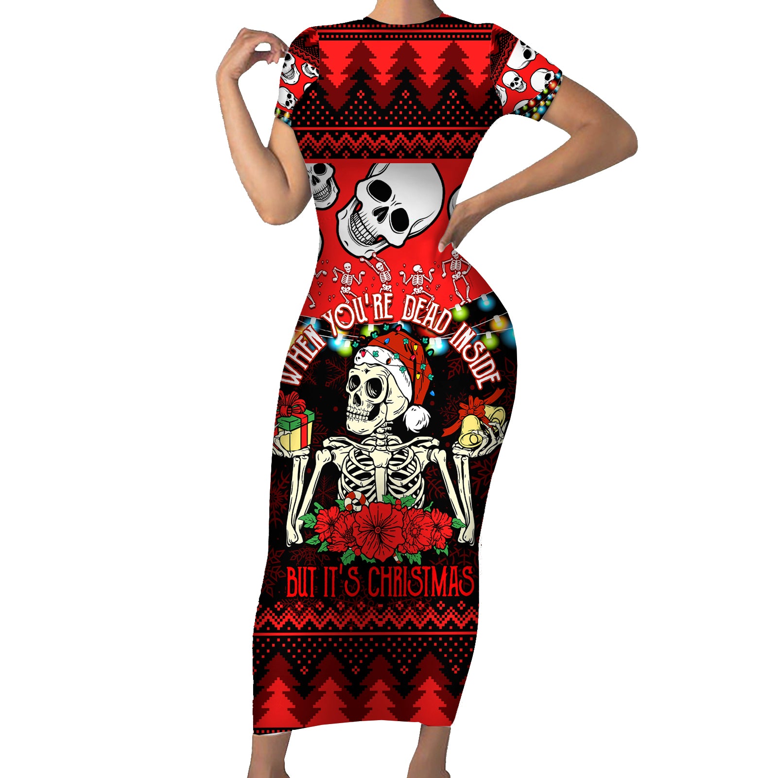 Skull Christmas Short Sleeve Bodycon Dress When You Are Dead Inside But It Is Christmas - Wonder Print Shop