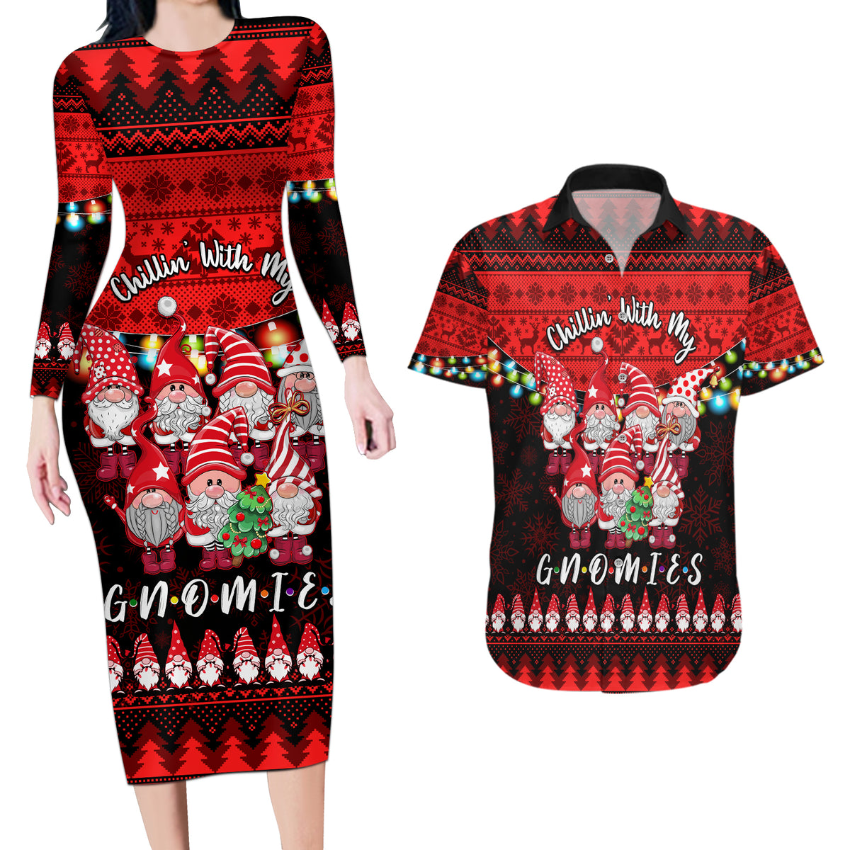 Chilling With My Gnomies Christmas Couples Matching Long Sleeve Bodycon Dress and Hawaiian Shirt Gnomie Friend Xmas Vibes - Wonder Print Shop