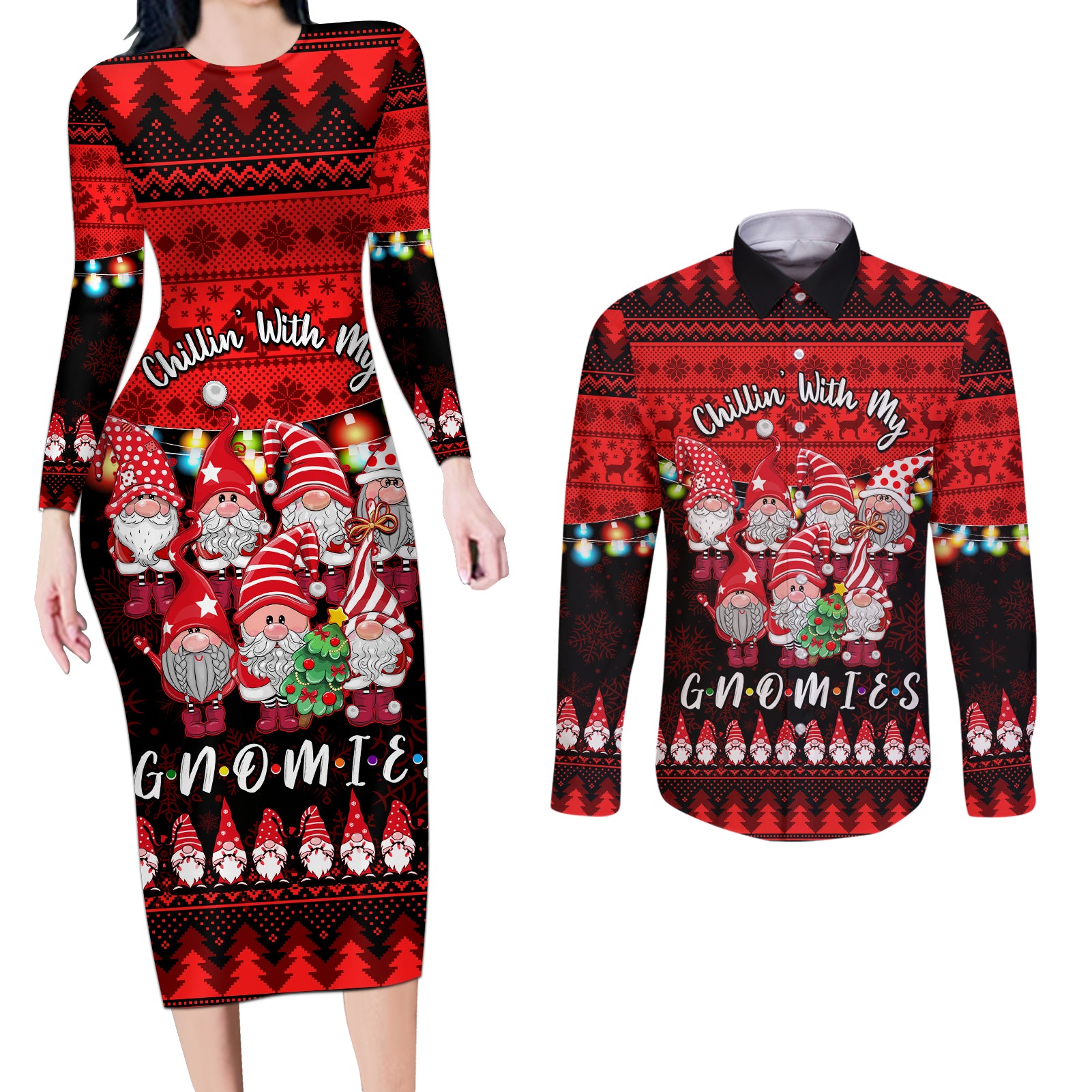 Chilling With My Gnomies Christmas Couples Matching Long Sleeve Bodycon Dress and Long Sleeve Button Shirt Gnomie Friend Xmas Vibes - Wonder Print Shop