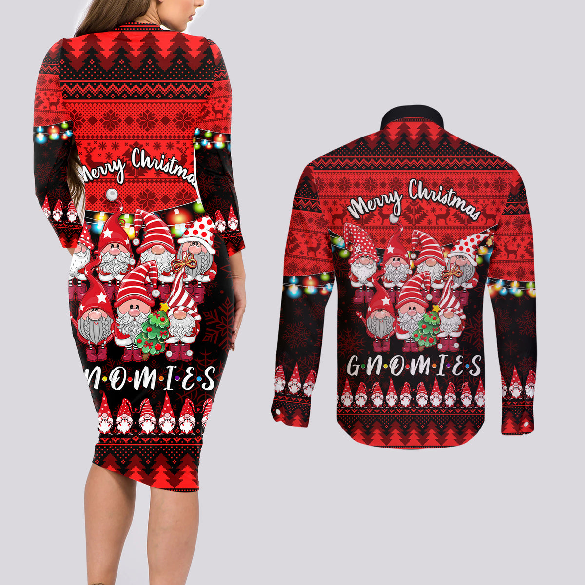 Chilling With My Gnomies Christmas Couples Matching Long Sleeve Bodycon Dress and Long Sleeve Button Shirt Gnomie Friend Xmas Vibes - Wonder Print Shop