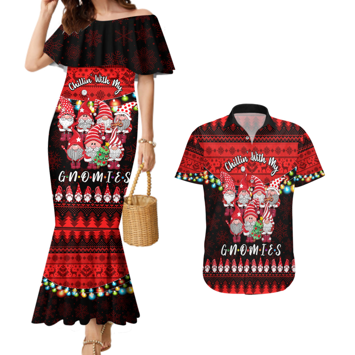Chilling With My Gnomies Christmas Couples Matching Mermaid Dress and Hawaiian Shirt Gnomie Friend Xmas Vibes - Wonder Print Shop