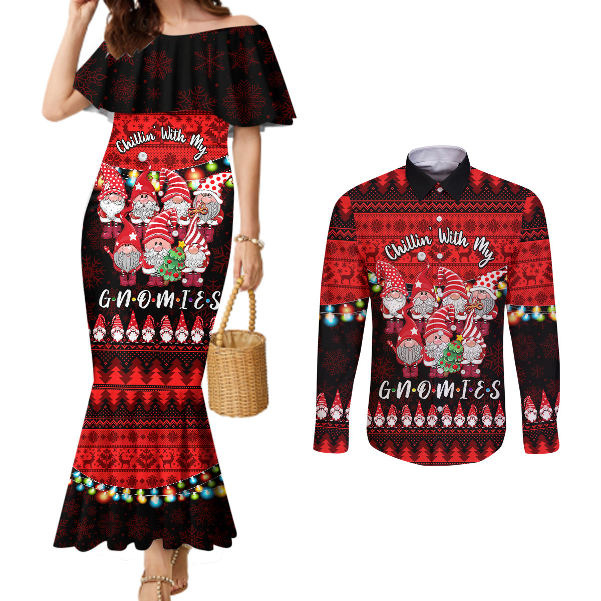 Chilling With My Gnomies Christmas Couples Matching Mermaid Dress and Long Sleeve Button Shirt Gnomie Friend Xmas Vibes LT14