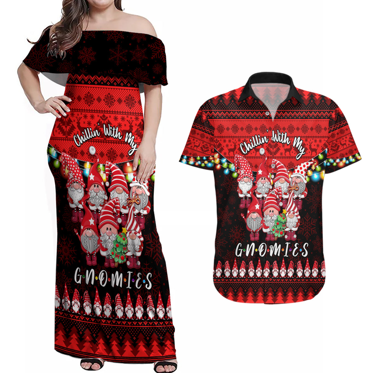 Chilling With My Gnomies Christmas Couples Matching Off Shoulder Maxi Dress and Hawaiian Shirt Gnomie Friend Xmas Vibes - Wonder Print Shop