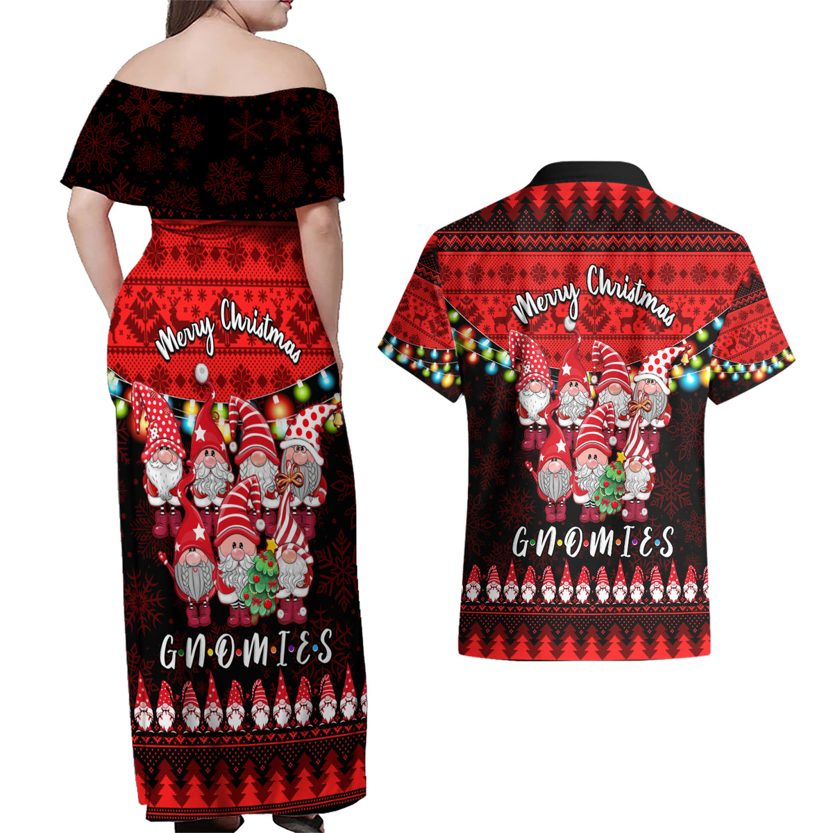 Chilling With My Gnomies Christmas Couples Matching Off Shoulder Maxi Dress and Hawaiian Shirt Gnomie Friend Xmas Vibes - Wonder Print Shop