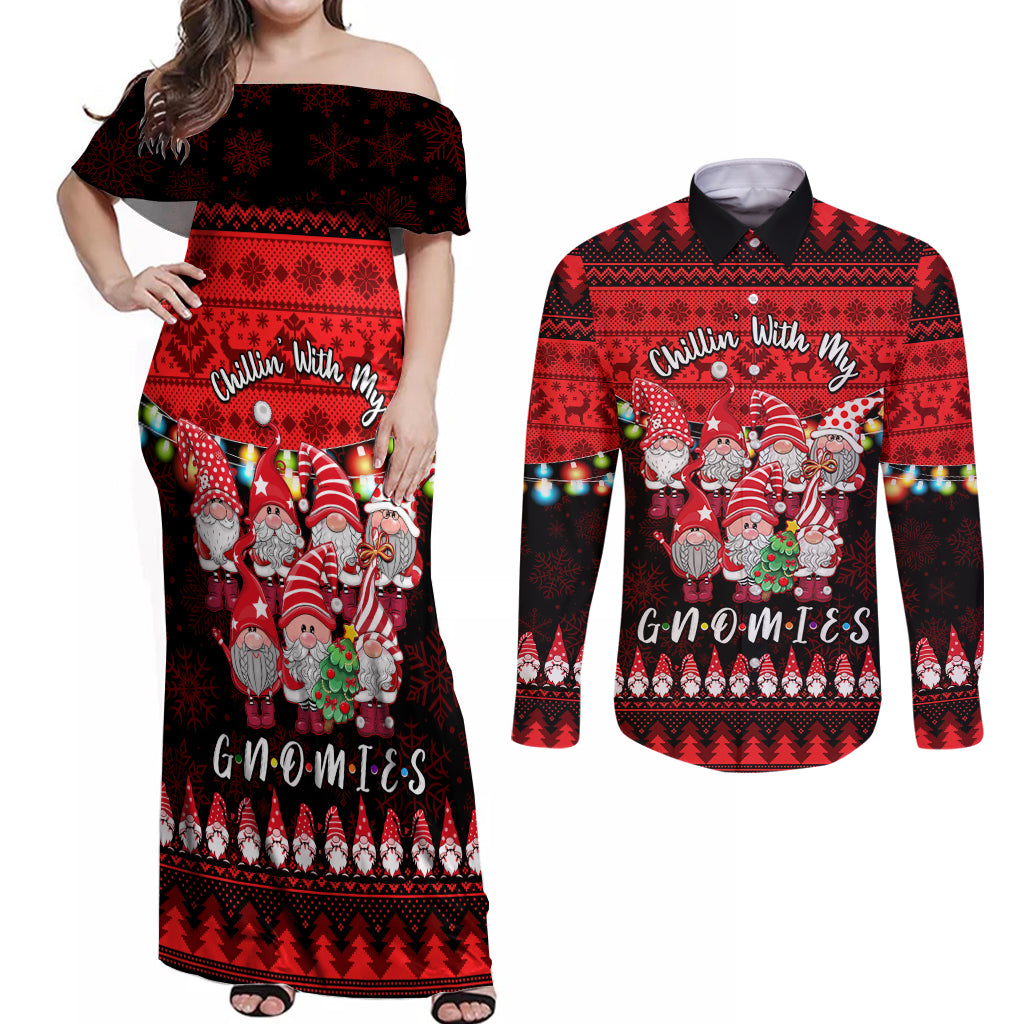 Chilling With My Gnomies Christmas Couples Matching Off Shoulder Maxi Dress and Long Sleeve Button Shirt Gnomie Friend Xmas Vibes - Wonder Print Shop