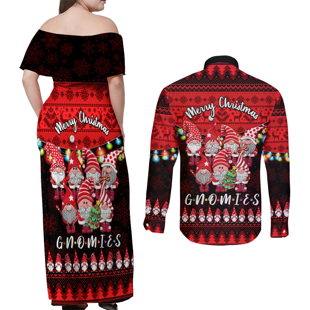 Chilling With My Gnomies Christmas Couples Matching Off Shoulder Maxi Dress and Long Sleeve Button Shirt Gnomie Friend Xmas Vibes - Wonder Print Shop