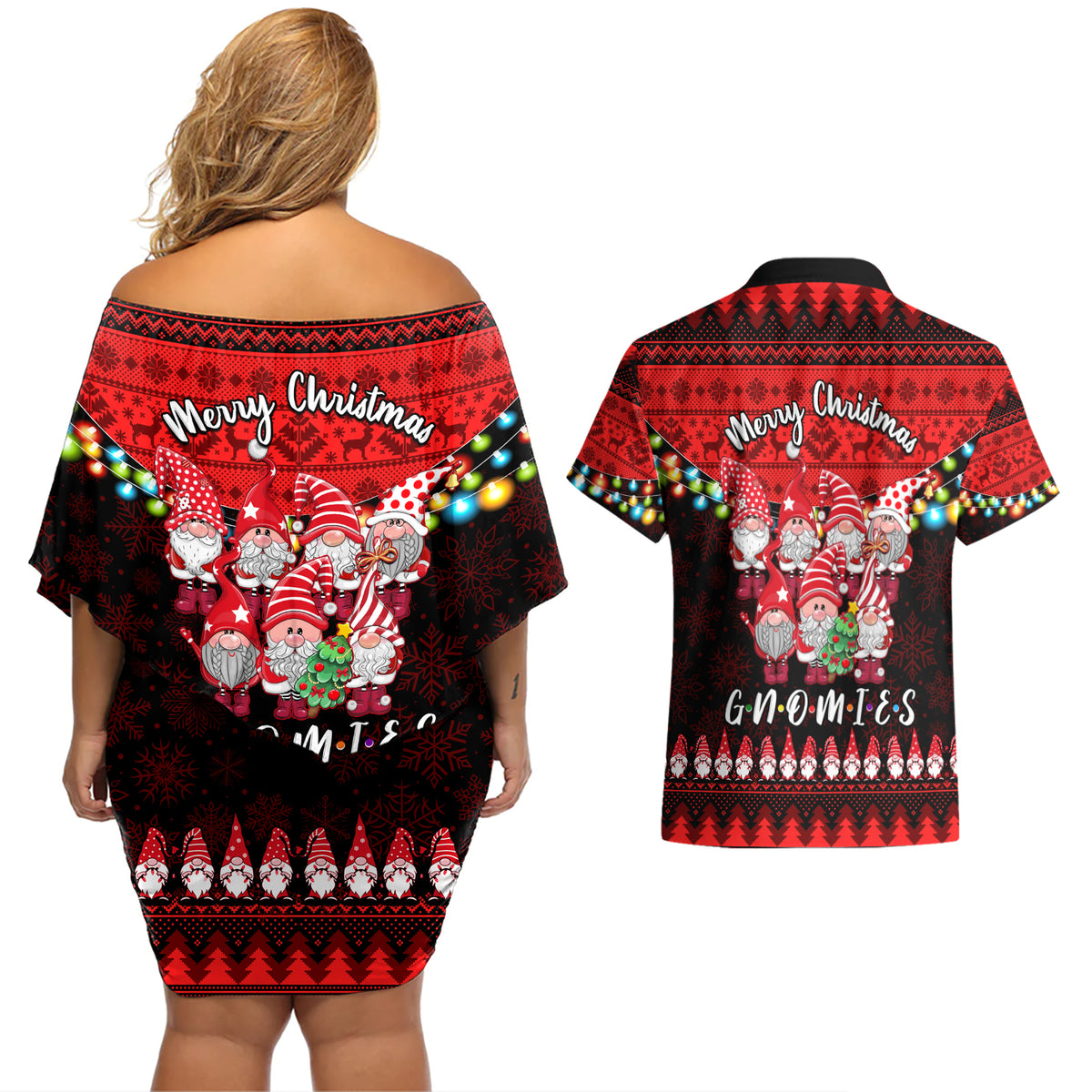 Chilling With My Gnomies Christmas Couples Matching Off Shoulder Short Dress and Hawaiian Shirt Gnomie Friend Xmas Vibes - Wonder Print Shop