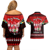 Chilling With My Gnomies Christmas Couples Matching Off Shoulder Short Dress and Hawaiian Shirt Gnomie Friend Xmas Vibes - Wonder Print Shop