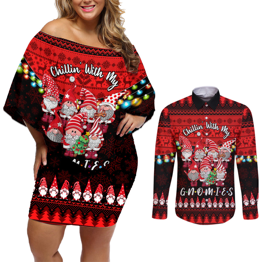 Chilling With My Gnomies Christmas Couples Matching Off Shoulder Short Dress and Long Sleeve Button Shirt Gnomie Friend Xmas Vibes - Wonder Print Shop