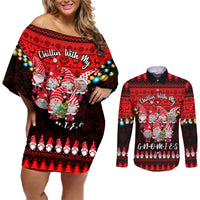 Chilling With My Gnomies Christmas Couples Matching Off Shoulder Short Dress and Long Sleeve Button Shirt Gnomie Friend Xmas Vibes - Wonder Print Shop