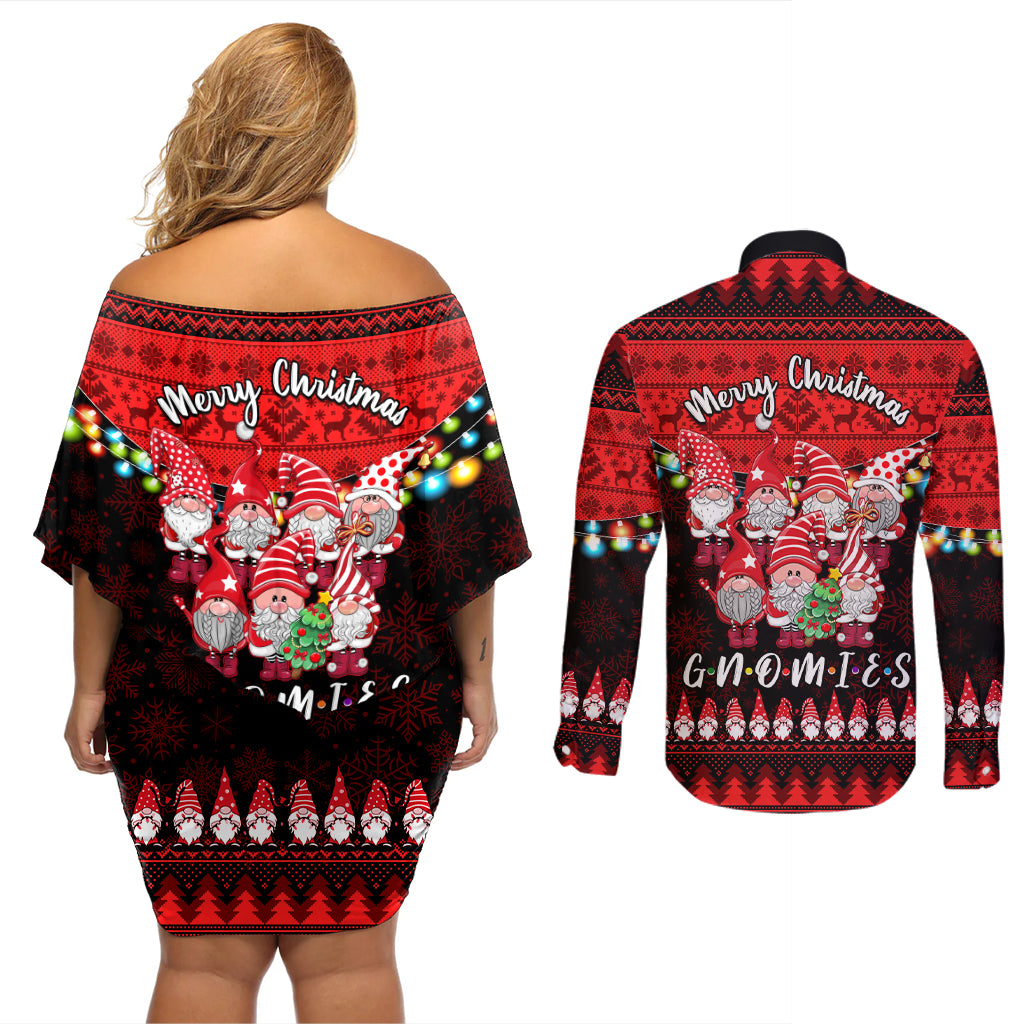 Chilling With My Gnomies Christmas Couples Matching Off Shoulder Short Dress and Long Sleeve Button Shirt Gnomie Friend Xmas Vibes - Wonder Print Shop