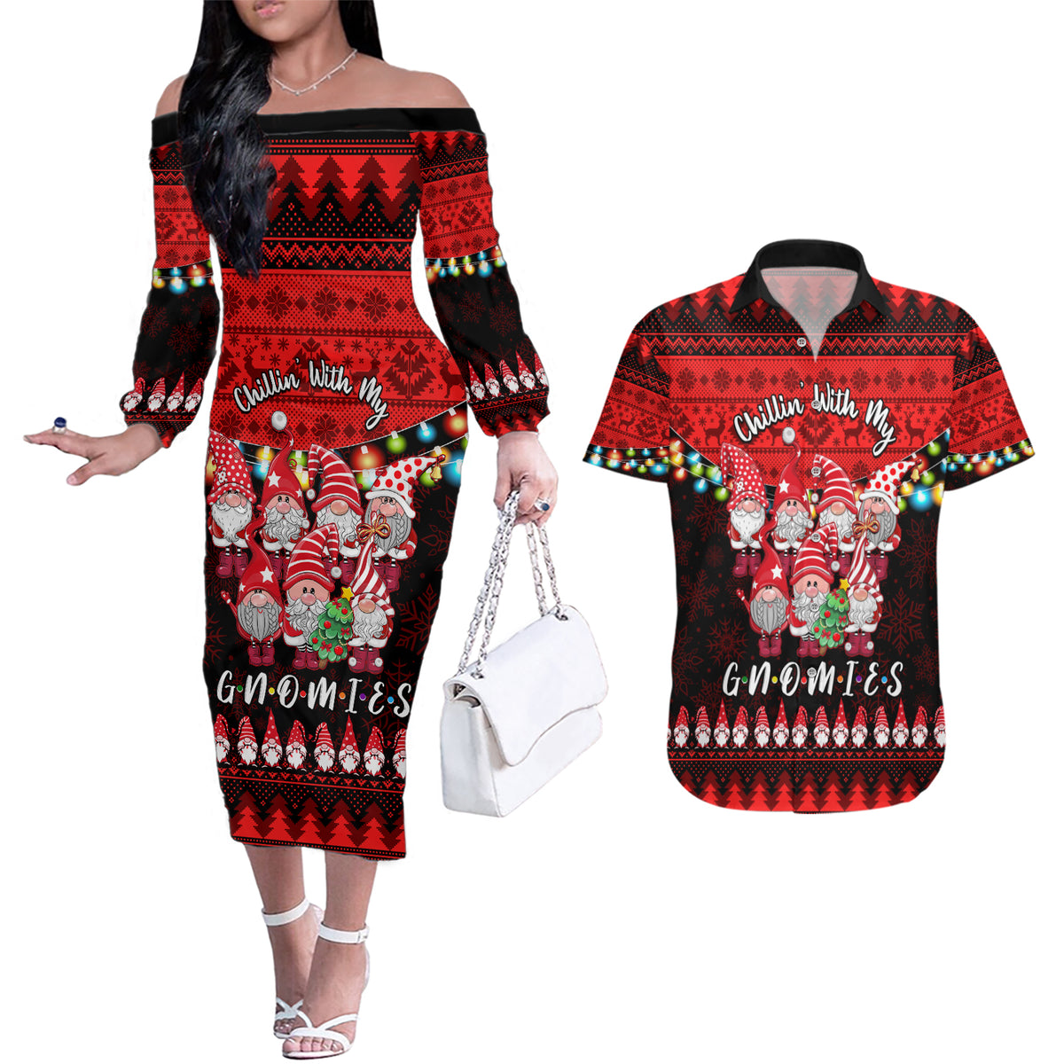 Chilling With My Gnomies Christmas Couples Matching Off The Shoulder Long Sleeve Dress and Hawaiian Shirt Gnomie Friend Xmas Vibes - Wonder Print Shop