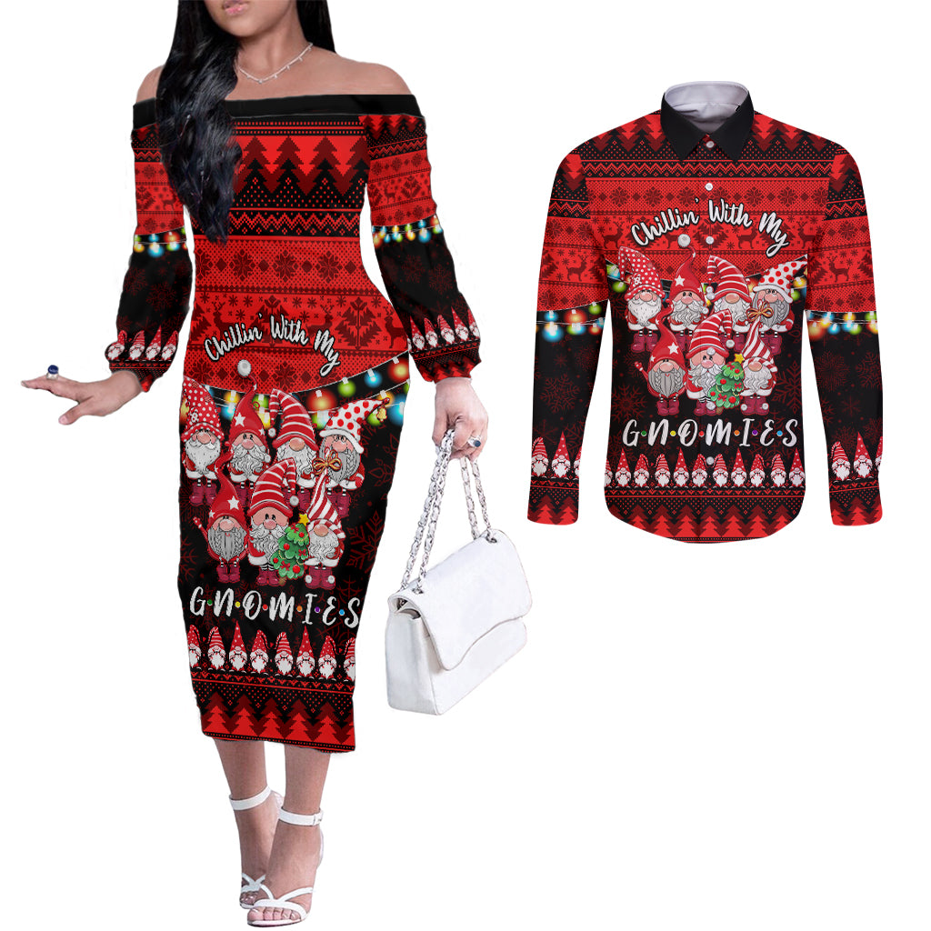 Chilling With My Gnomies Christmas Couples Matching Off The Shoulder Long Sleeve Dress and Long Sleeve Button Shirt Gnomie Friend Xmas Vibes LT14