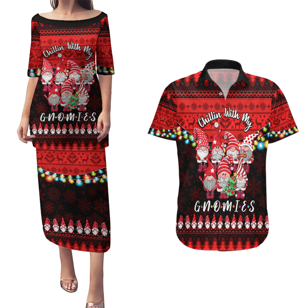 Chilling With My Gnomies Christmas Couples Matching Puletasi Dress and Hawaiian Shirt Gnomie Friend Xmas Vibes - Wonder Print Shop