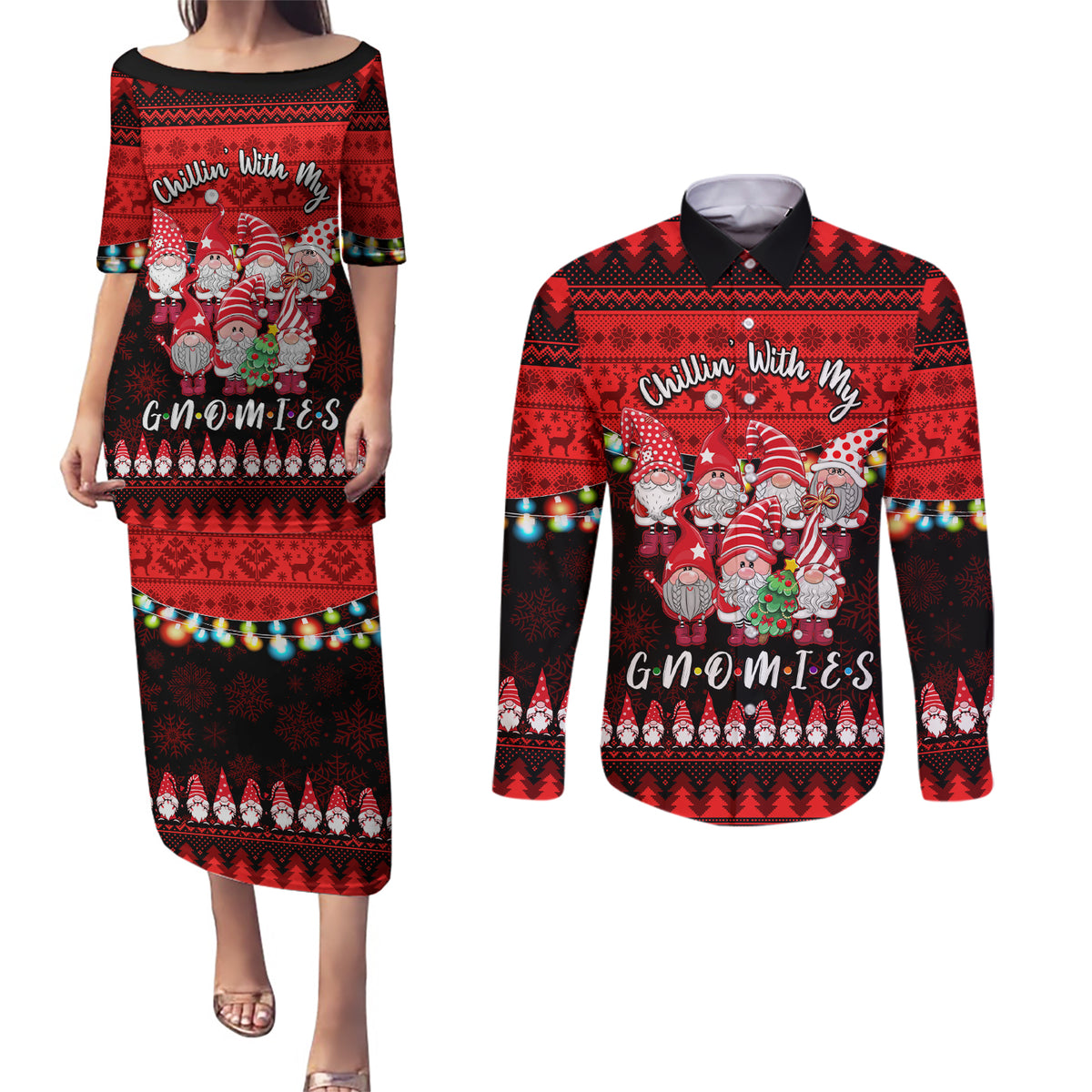 Chilling With My Gnomies Christmas Couples Matching Puletasi Dress and Long Sleeve Button Shirt Gnomie Friend Xmas Vibes - Wonder Print Shop