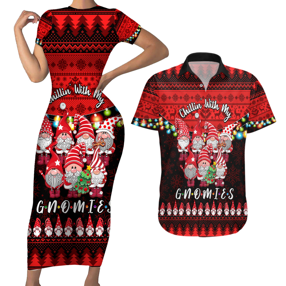Chilling With My Gnomies Christmas Couples Matching Short Sleeve Bodycon Dress and Hawaiian Shirt Gnomie Friend Xmas Vibes - Wonder Print Shop