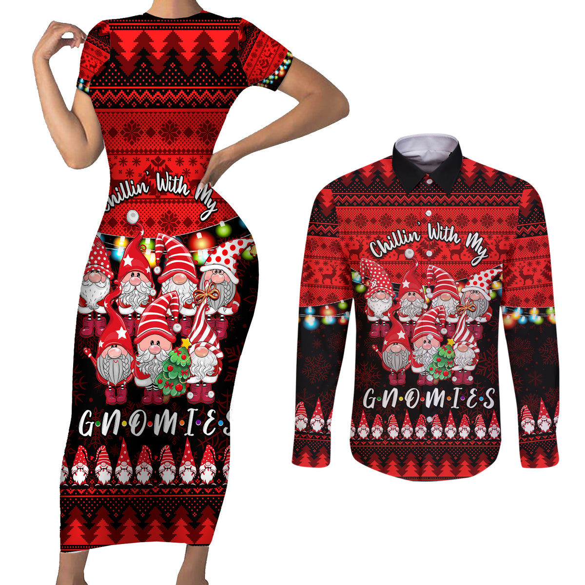 Chilling With My Gnomies Christmas Couples Matching Short Sleeve Bodycon Dress and Long Sleeve Button Shirt Gnomie Friend Xmas Vibes - Wonder Print Shop