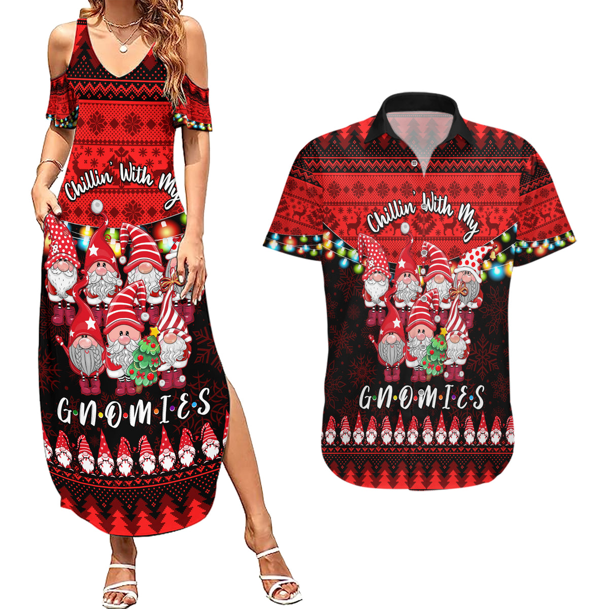 Chilling With My Gnomies Christmas Couples Matching Summer Maxi Dress and Hawaiian Shirt Gnomie Friend Xmas Vibes - Wonder Print Shop