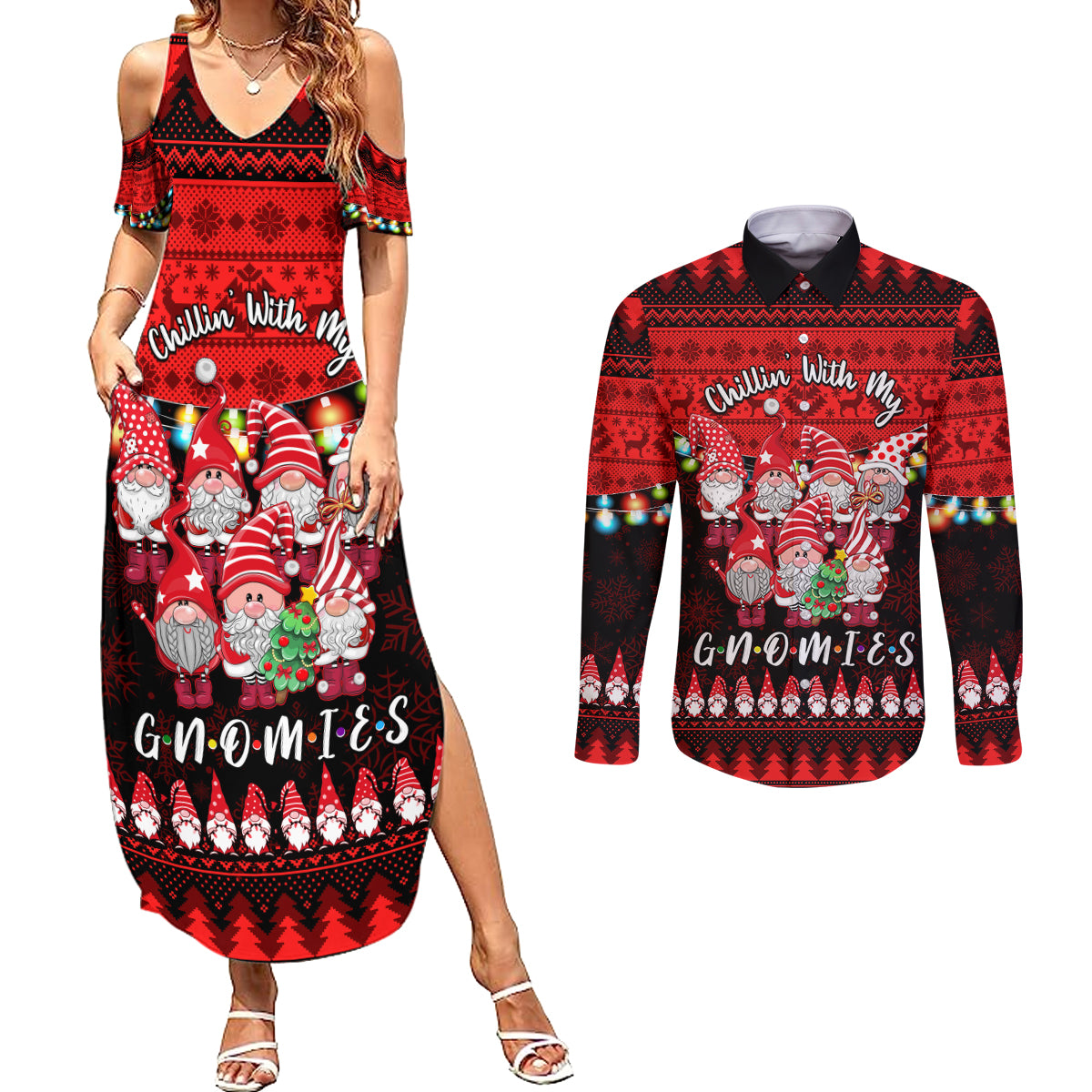 Chilling With My Gnomies Christmas Couples Matching Summer Maxi Dress and Long Sleeve Button Shirt Gnomie Friend Xmas Vibes - Wonder Print Shop