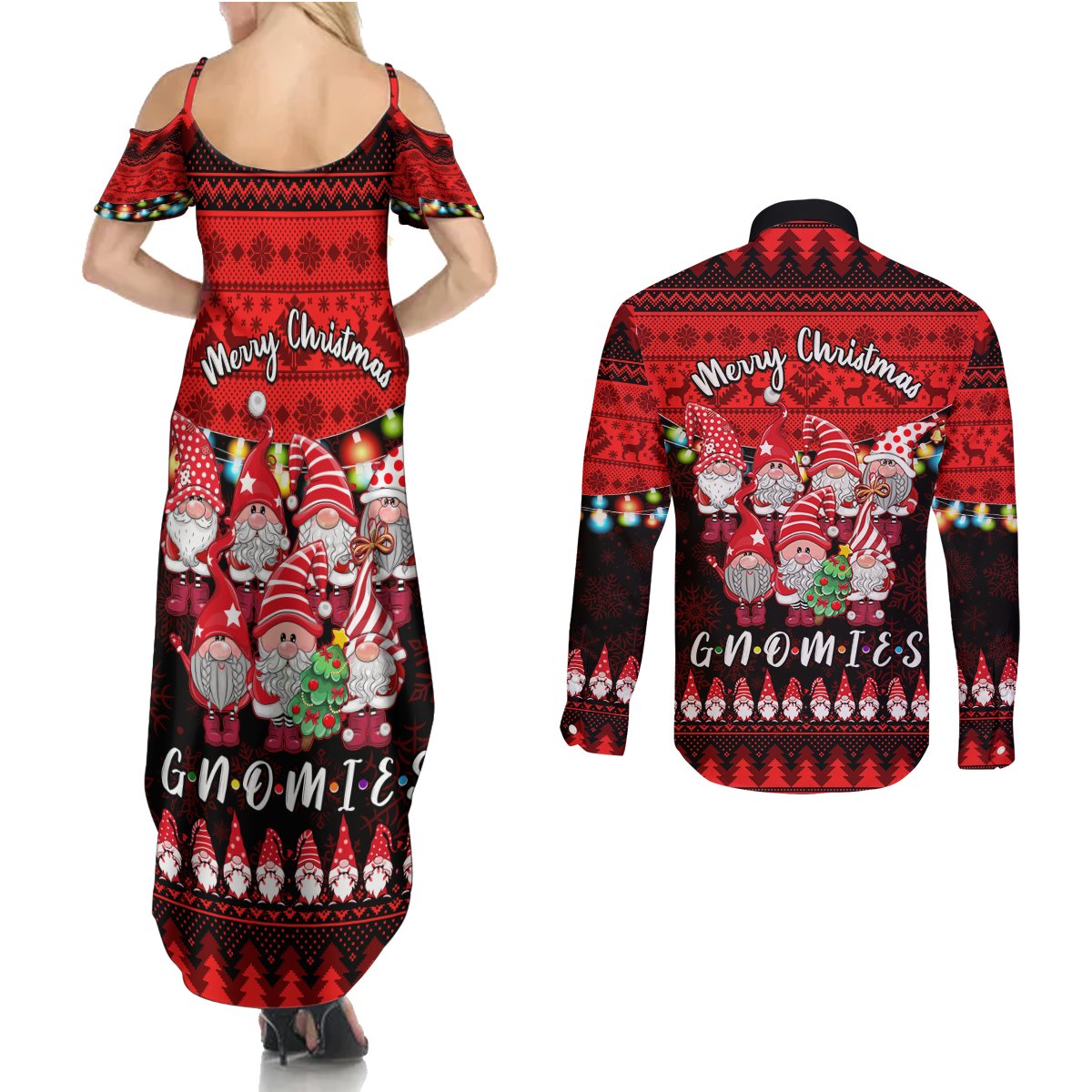 Chilling With My Gnomies Christmas Couples Matching Summer Maxi Dress and Long Sleeve Button Shirt Gnomie Friend Xmas Vibes - Wonder Print Shop
