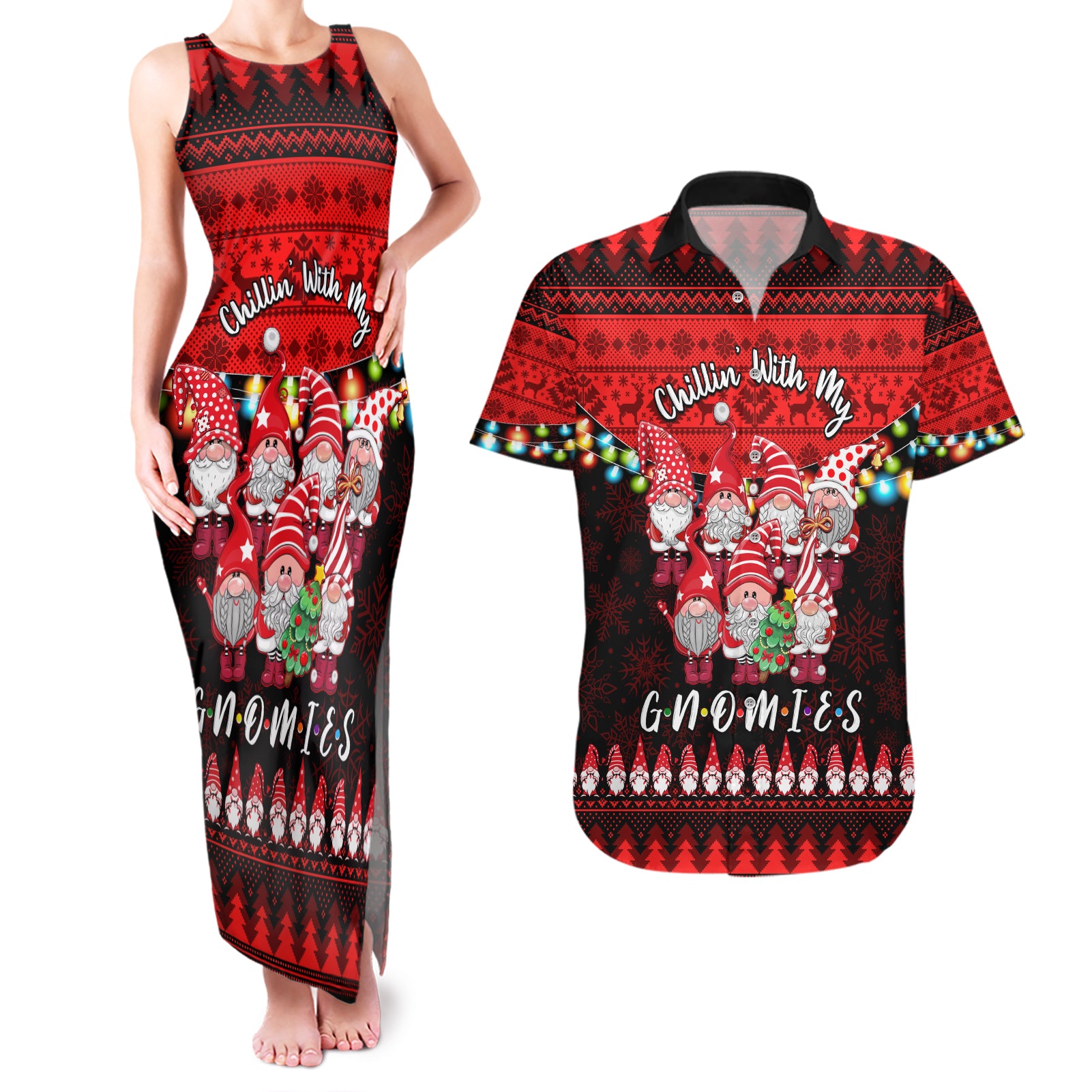 Chilling With My Gnomies Christmas Couples Matching Tank Maxi Dress and Hawaiian Shirt Gnomie Friend Xmas Vibes - Wonder Print Shop