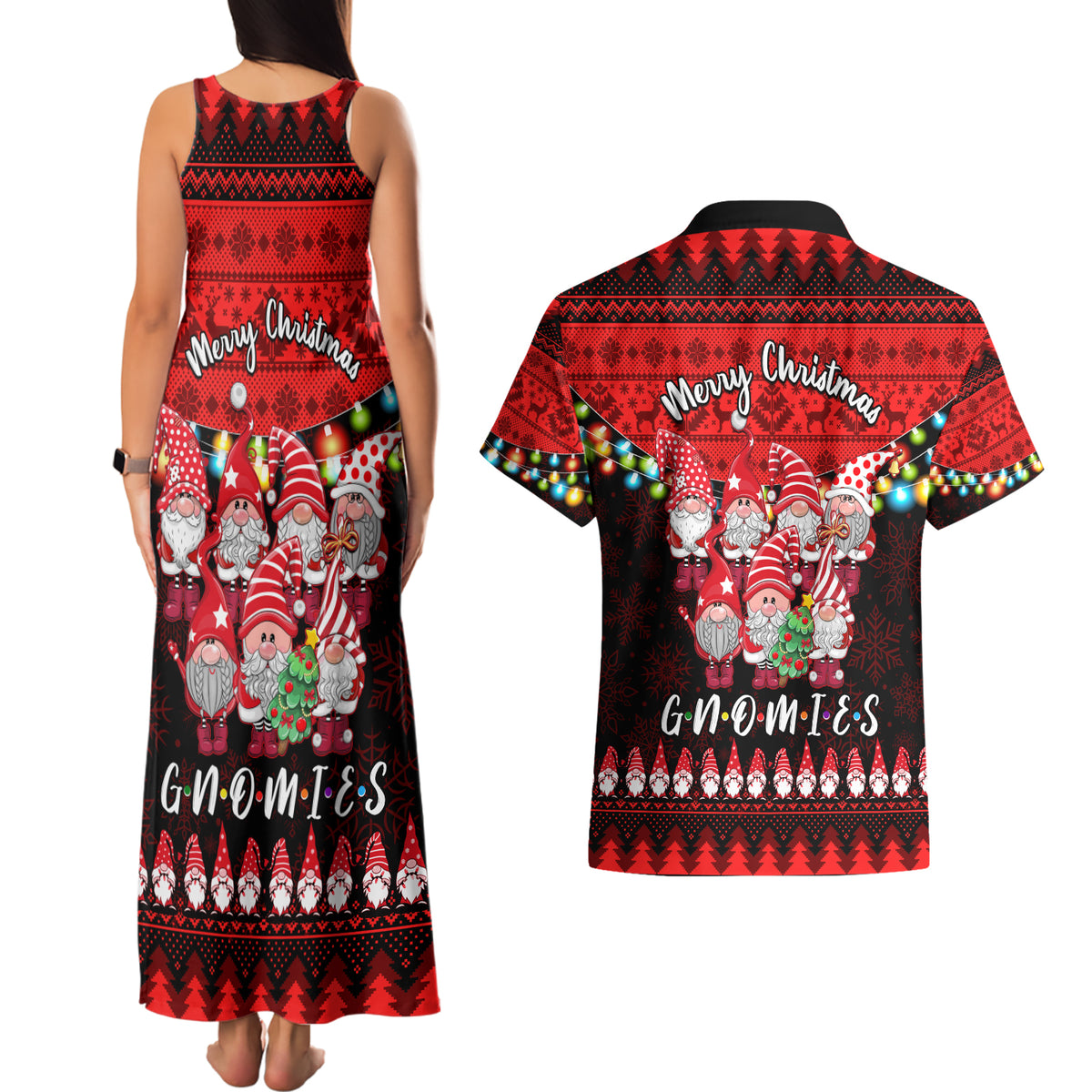 Chilling With My Gnomies Christmas Couples Matching Tank Maxi Dress and Hawaiian Shirt Gnomie Friend Xmas Vibes - Wonder Print Shop