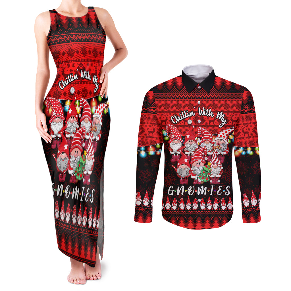 Chilling With My Gnomies Christmas Couples Matching Tank Maxi Dress and Long Sleeve Button Shirt Gnomie Friend Xmas Vibes - Wonder Print Shop