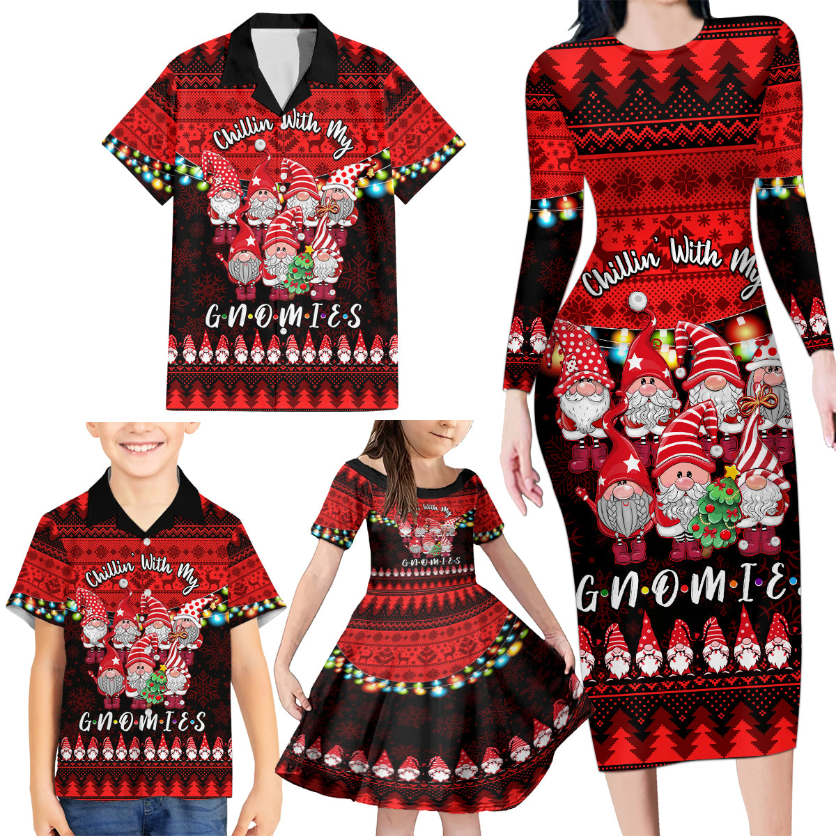 Chilling With My Gnomies Christmas Family Matching Long Sleeve Bodycon Dress and Hawaiian Shirt Gnomie Friend Xmas Vibes - Wonder Print Shop