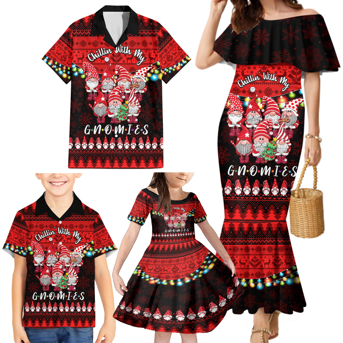Chilling With My Gnomies Christmas Family Matching Mermaid Dress and Hawaiian Shirt Gnomie Friend Xmas Vibes - Wonder Print Shop