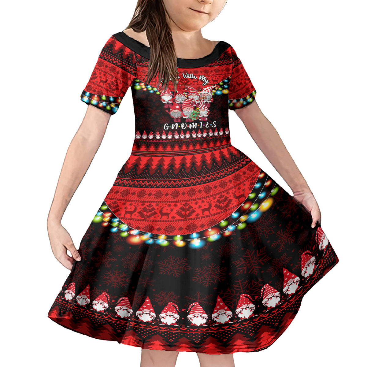 Chilling With My Gnomies Christmas Family Matching Off Shoulder Long Sleeve Dress and Hawaiian Shirt Gnomie Friend Xmas Vibes - Wonder Print Shop