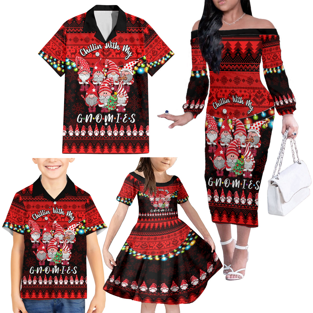 Chilling With My Gnomies Christmas Family Matching Off Shoulder Long Sleeve Dress and Hawaiian Shirt Gnomie Friend Xmas Vibes - Wonder Print Shop