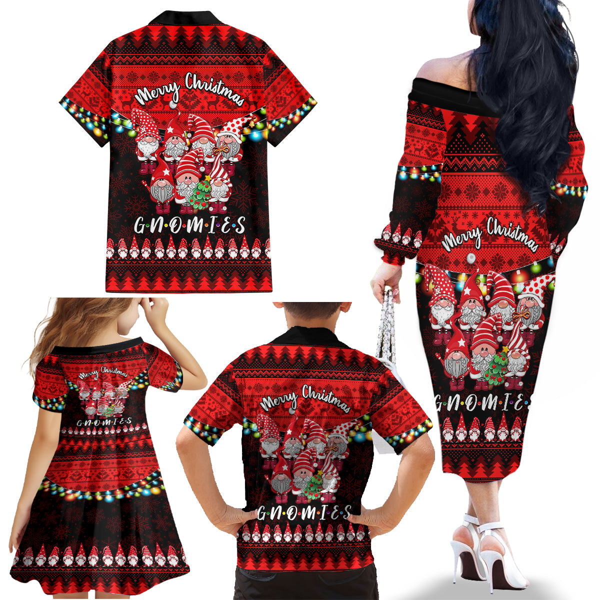 Chilling With My Gnomies Christmas Family Matching Off Shoulder Long Sleeve Dress and Hawaiian Shirt Gnomie Friend Xmas Vibes - Wonder Print Shop