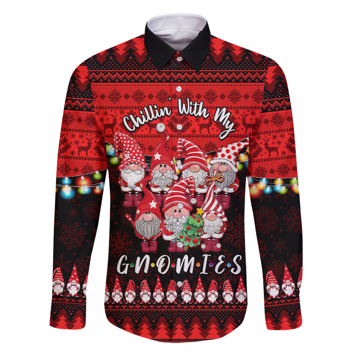 Chilling With My Gnomies Christmas Family Matching Off Shoulder Long Sleeve Dress and Hawaiian Shirt Gnomie Friend Xmas Vibes - Wonder Print Shop