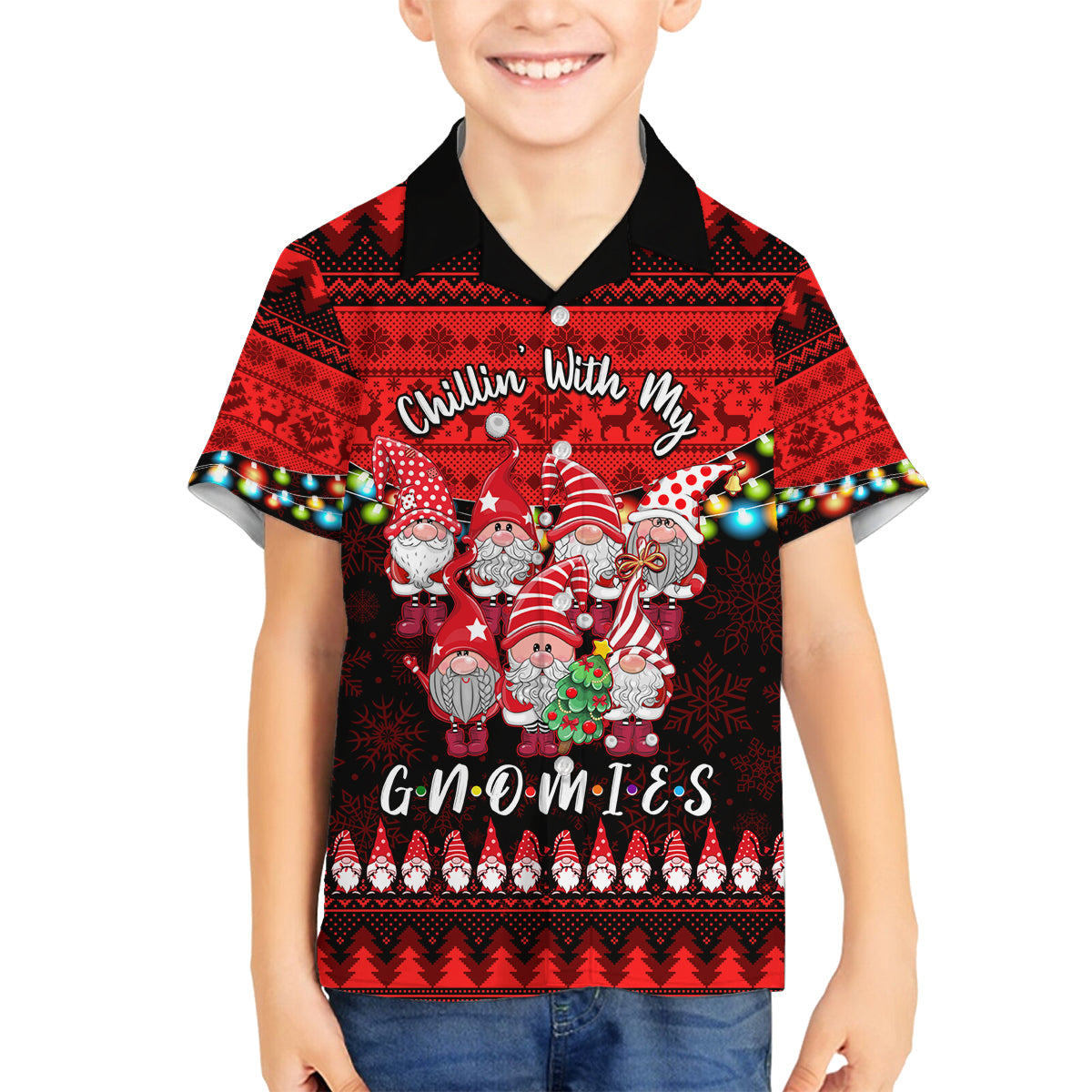 Chilling With My Gnomies Christmas Family Matching Off Shoulder Long Sleeve Dress and Hawaiian Shirt Gnomie Friend Xmas Vibes - Wonder Print Shop