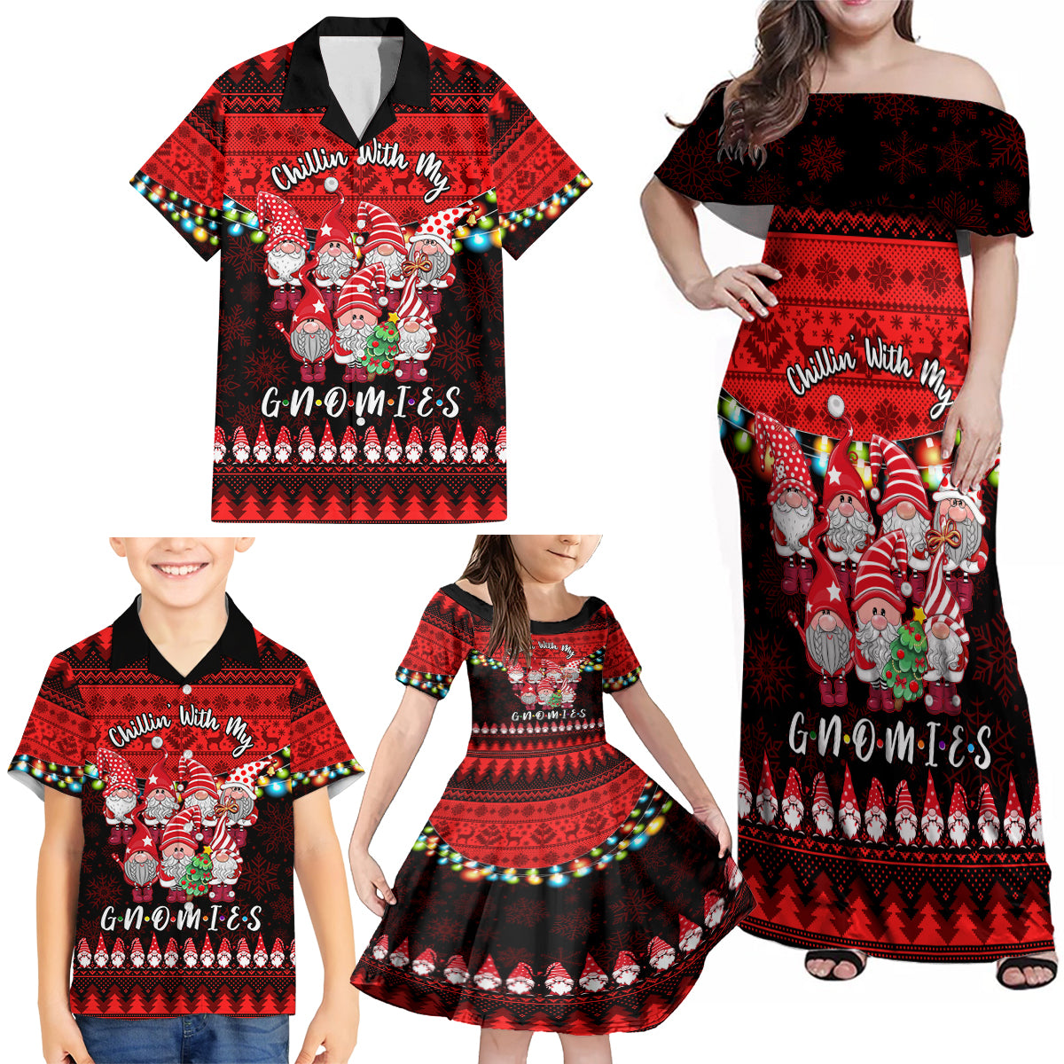 Chilling With My Gnomies Christmas Family Matching Off Shoulder Maxi Dress and Hawaiian Shirt Gnomie Friend Xmas Vibes - Wonder Print Shop