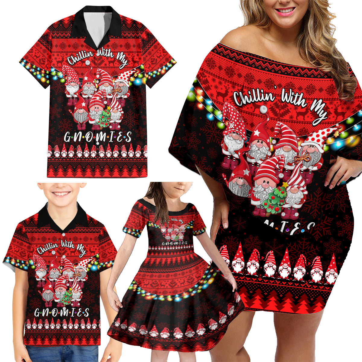 Chilling With My Gnomies Christmas Family Matching Off Shoulder Short Dress and Hawaiian Shirt Gnomie Friend Xmas Vibes - Wonder Print Shop