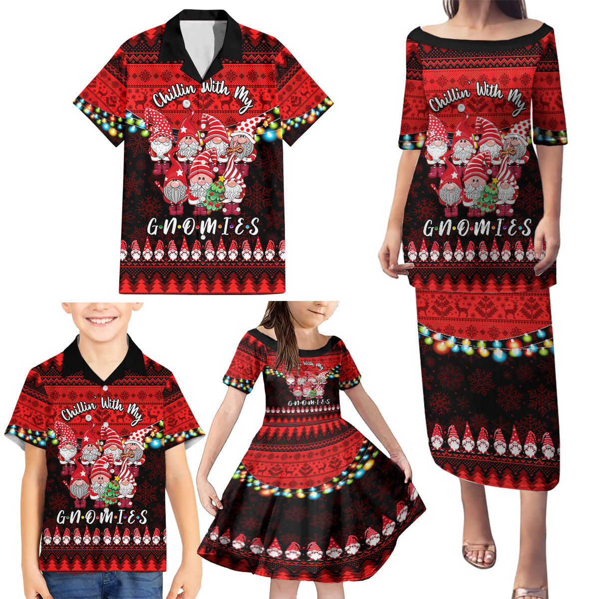 Chilling With My Gnomies Christmas Family Matching Puletasi Dress and Hawaiian Shirt Gnomie Friend Xmas Vibes - Wonder Print Shop