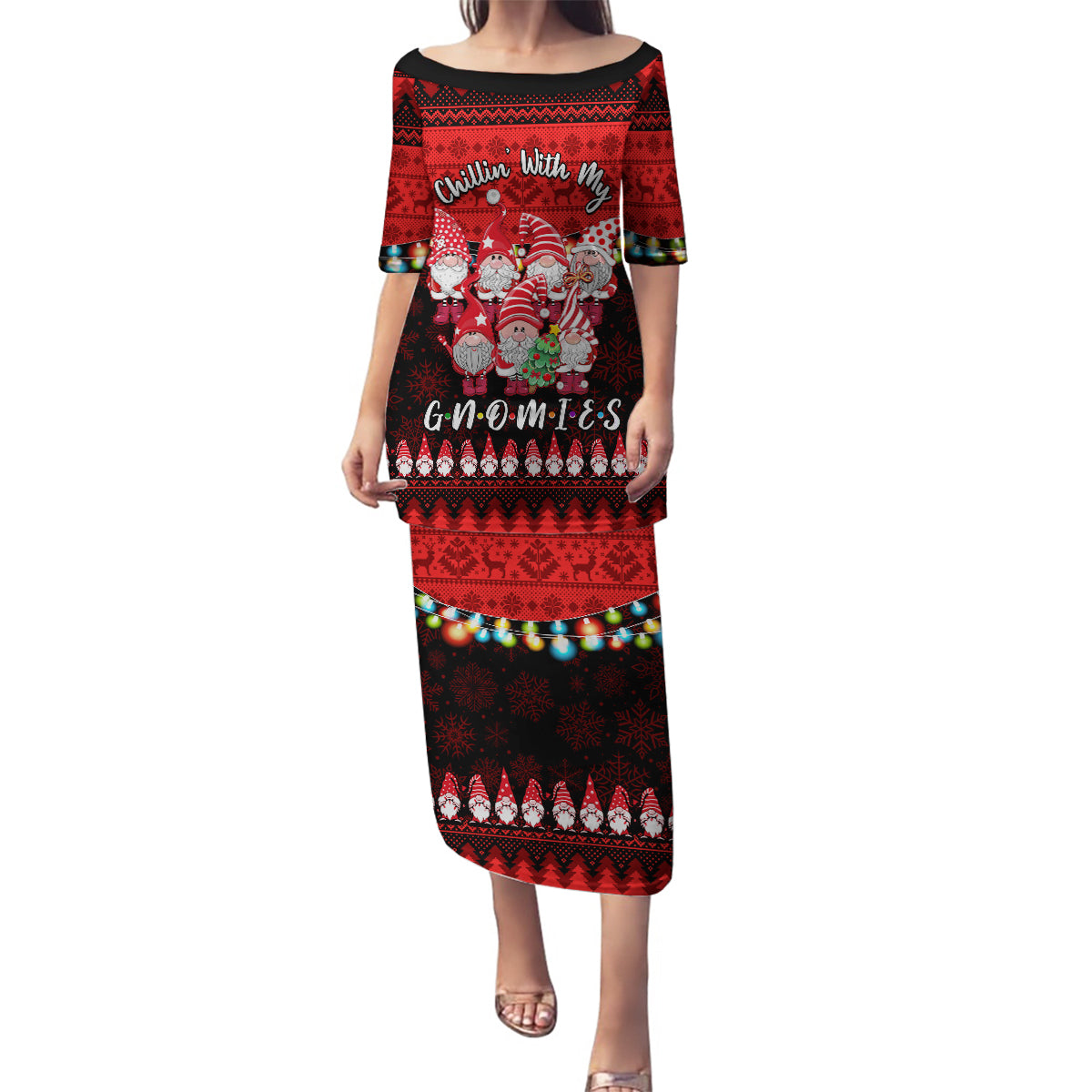 Chilling With My Gnomies Christmas Family Matching Puletasi Dress and Hawaiian Shirt Gnomie Friend Xmas Vibes - Wonder Print Shop