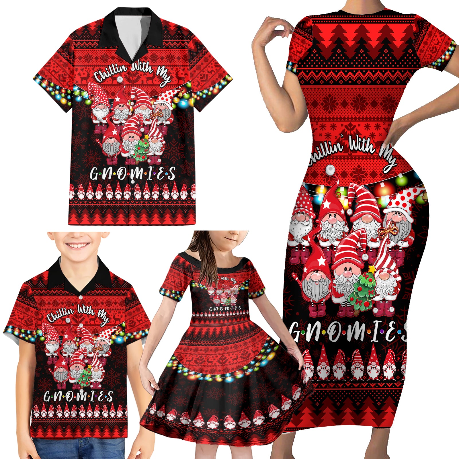 Chilling With My Gnomies Christmas Family Matching Short Sleeve Bodycon Dress and Hawaiian Shirt Gnomie Friend Xmas Vibes - Wonder Print Shop