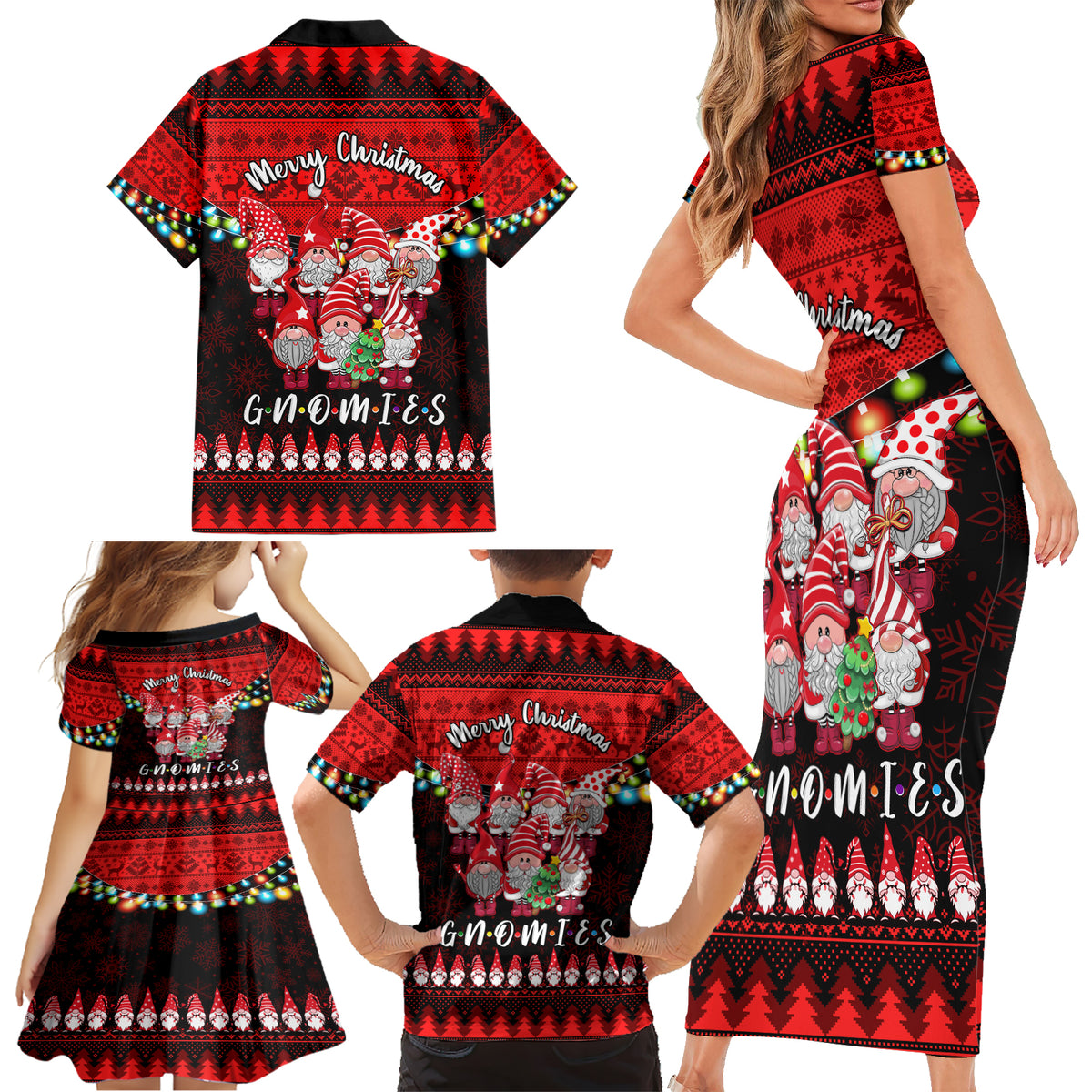 Chilling With My Gnomies Christmas Family Matching Short Sleeve Bodycon Dress and Hawaiian Shirt Gnomie Friend Xmas Vibes - Wonder Print Shop
