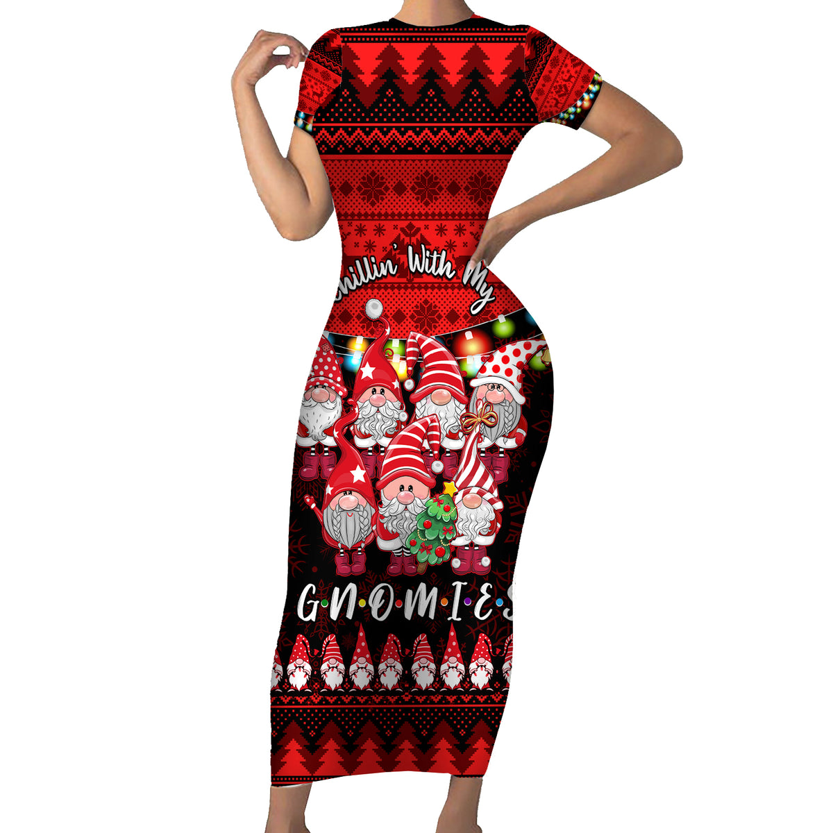 Chilling With My Gnomies Christmas Family Matching Short Sleeve Bodycon Dress and Hawaiian Shirt Gnomie Friend Xmas Vibes - Wonder Print Shop