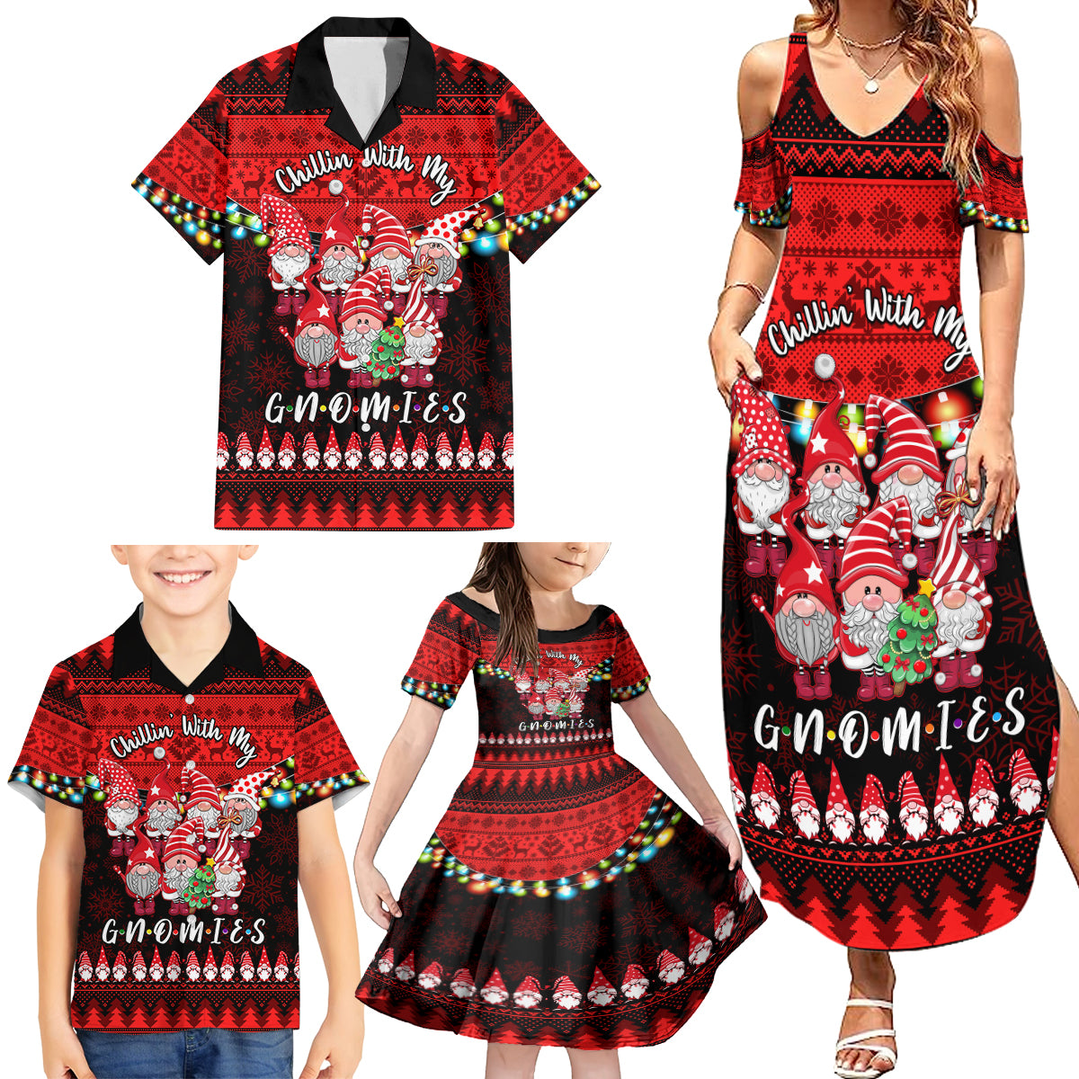 Chilling With My Gnomies Christmas Family Matching Summer Maxi Dress and Hawaiian Shirt Gnomie Friend Xmas Vibes - Wonder Print Shop