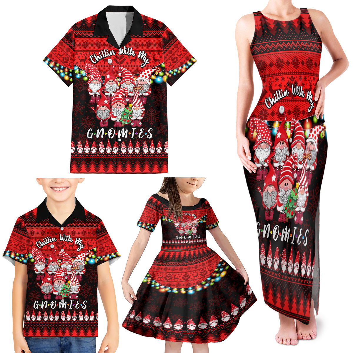 Chilling With My Gnomies Christmas Family Matching Tank Maxi Dress and Hawaiian Shirt Gnomie Friend Xmas Vibes - Wonder Print Shop