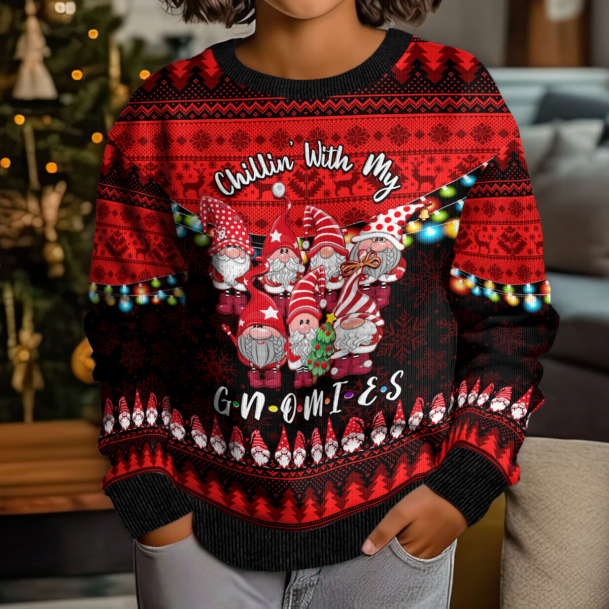 Chilling With My Gnomies Christmas Kid Ugly Christmas Sweater Gnomie Friend Xmas Vibes - Wonder Print Shop