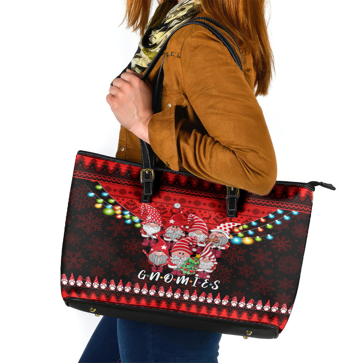 Chilling With My Gnomies Christmas Leather Tote Bag Gnomie Friend Xmas Vibes - Wonder Print Shop