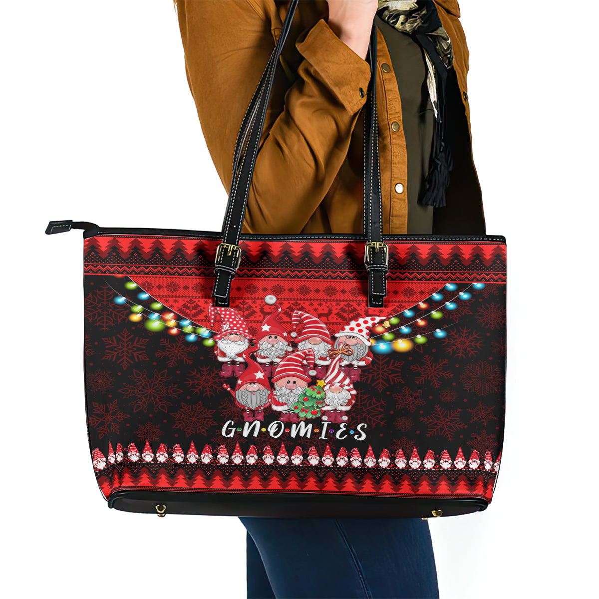 Chilling With My Gnomies Christmas Leather Tote Bag Gnomie Friend Xmas Vibes - Wonder Print Shop
