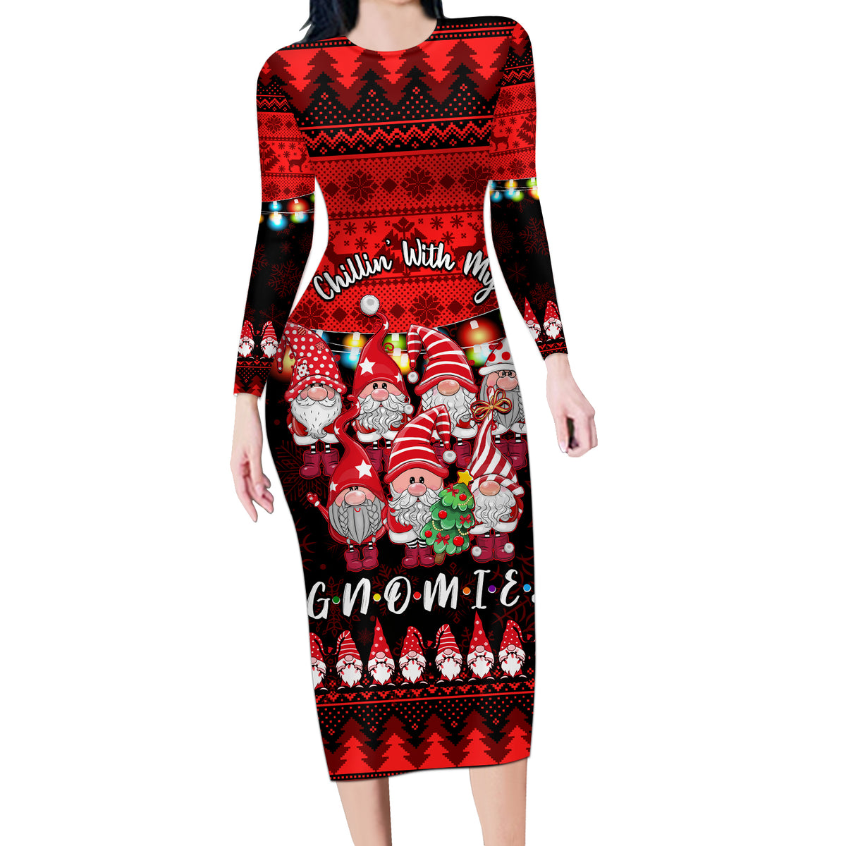 Chilling With My Gnomies Christmas Long Sleeve Bodycon Dress Gnomie Friend Xmas Vibes - Wonder Print Shop