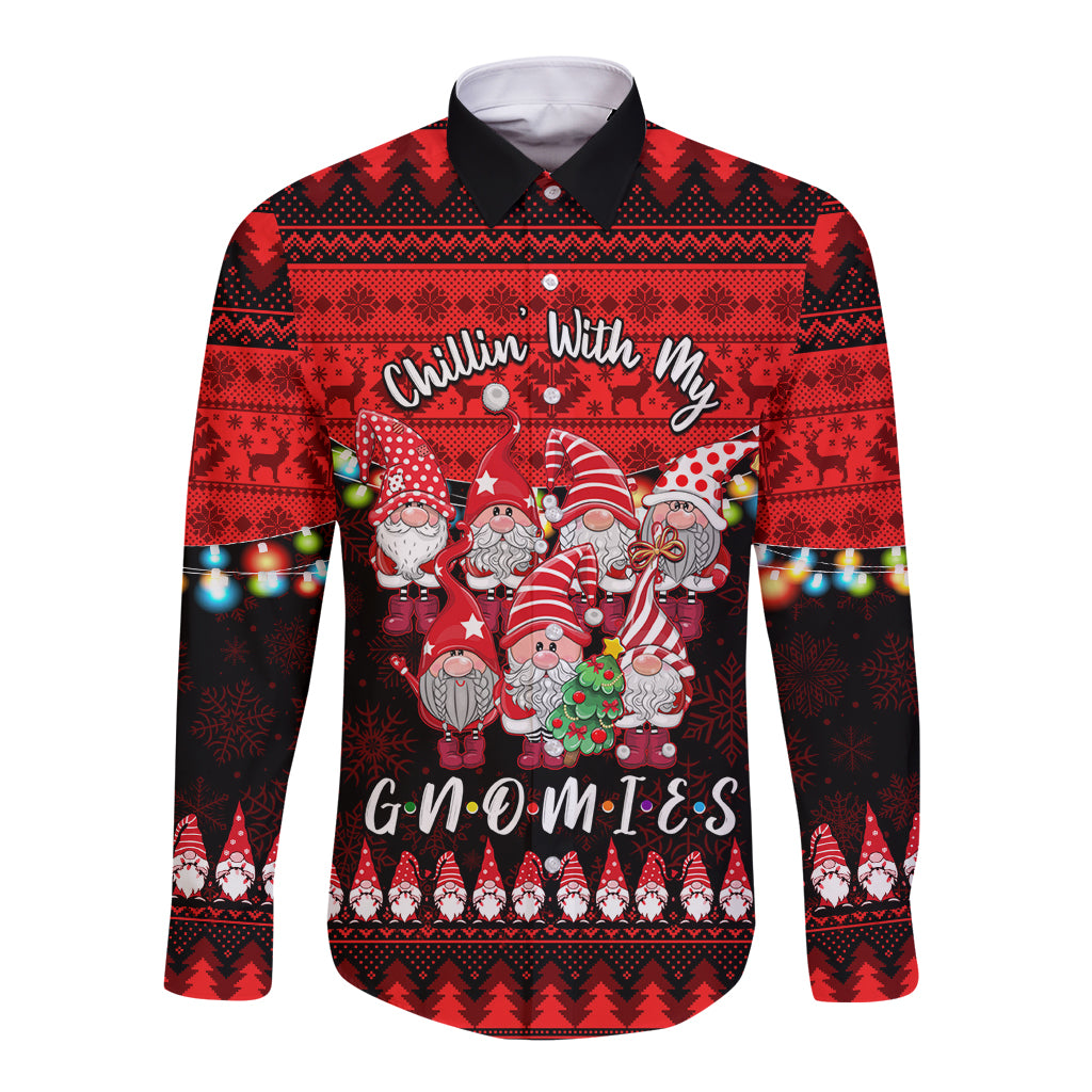 Chilling With My Gnomies Christmas Long Sleeve Button Shirt Gnomie Friend Xmas Vibes - Wonder Print Shop